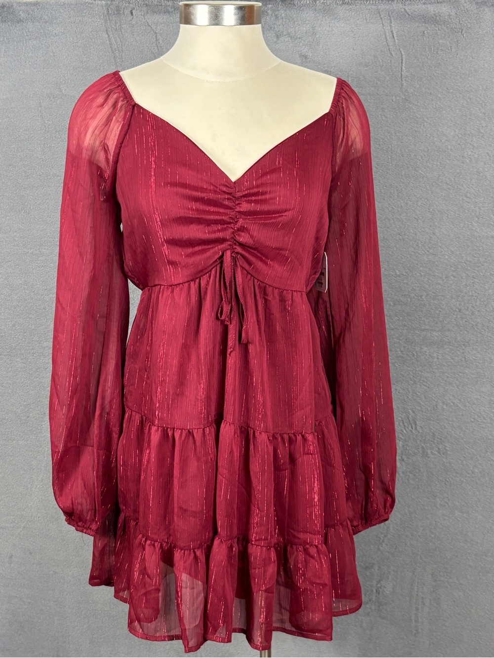 Altar'd State Burgundy Ruched V-Neck Tiered Dress
